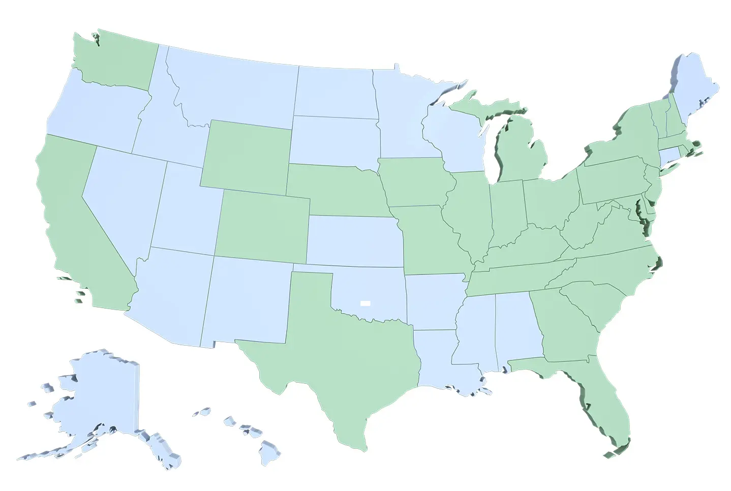 Map of United States, showing class of 2025 match placement in states: California, Colorado, Delaware, Florida, Georgia, Illinois, Indiana, Iowa, Kentucky, Maryland, Massachusetts, Michigan, Missouri, Nebraska, New Hampshire, New Jersey, New York, North Carolina, Ohio, Oklahoma, Pennsylvania, Rhode Island, South Carolina, Tennessee, Texas, Vermont, Virginia, Washington, West Virginia, Wyoming.