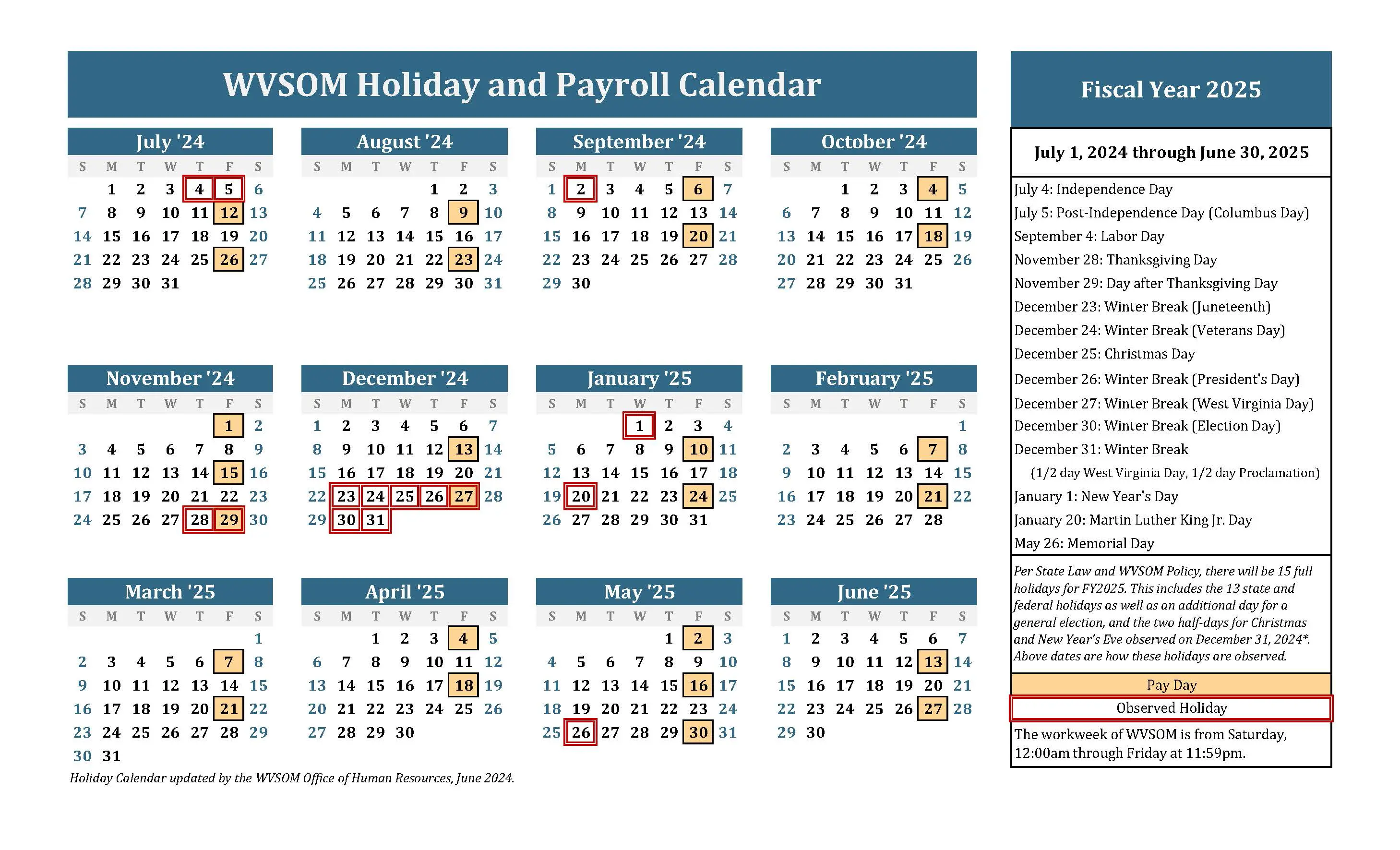 Yearly calendar showing pay dates and holidays highlighted