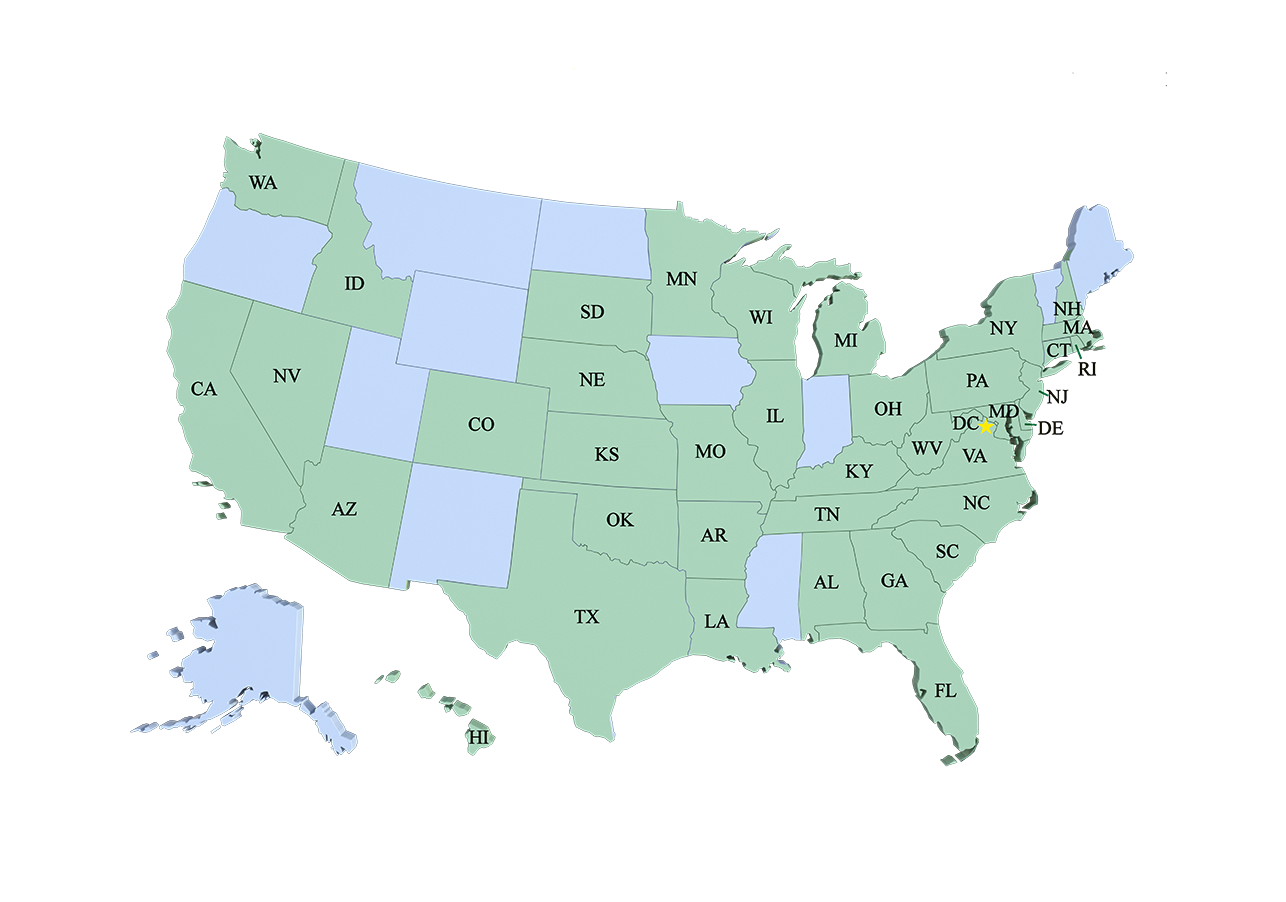 2023 map of the US showing states that WVSOM students have matched in