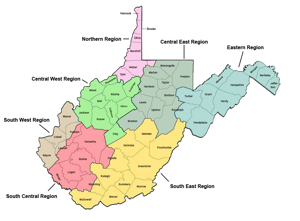 WV map showing Statewide Campus regions