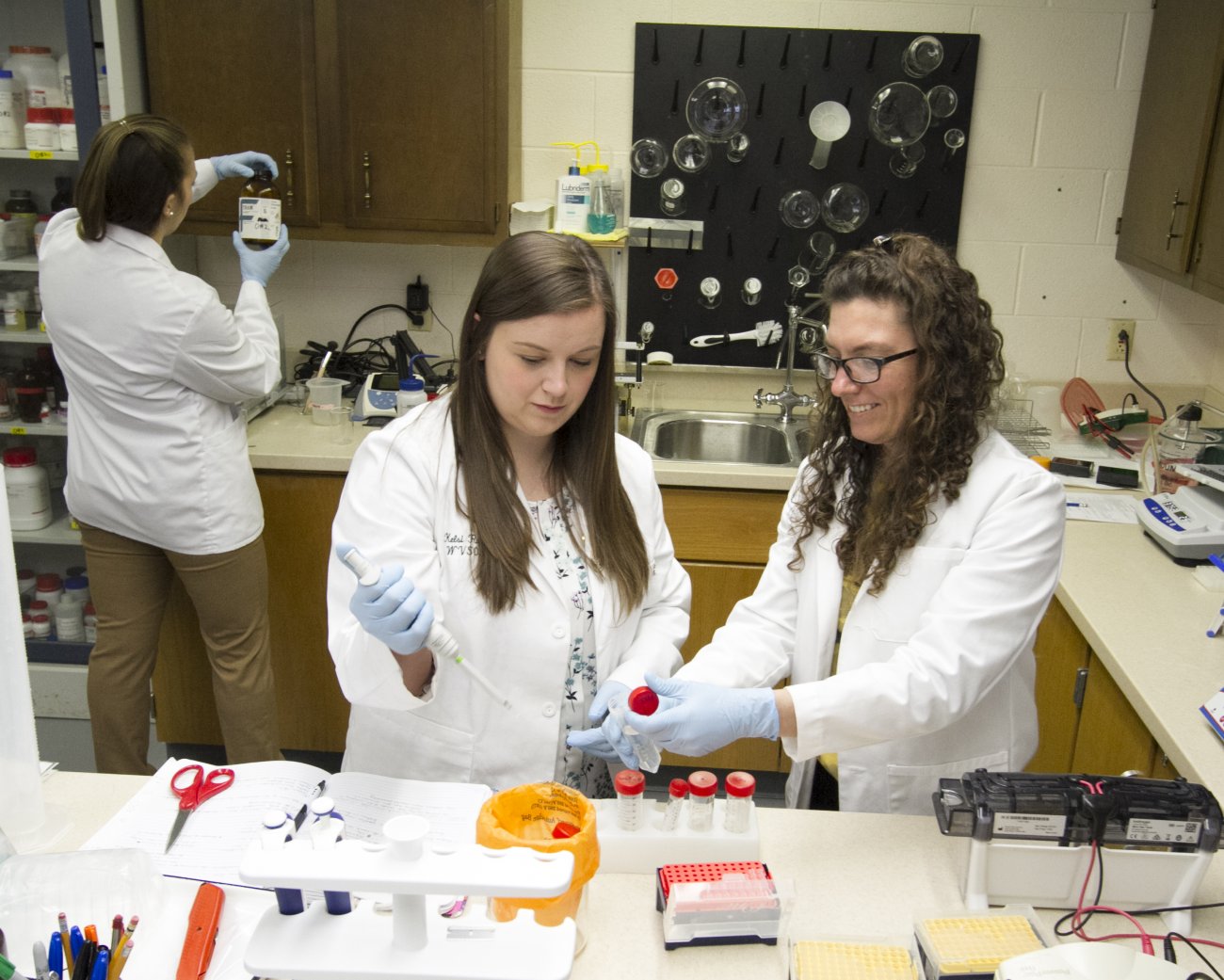 Researchers in lab with micropipette