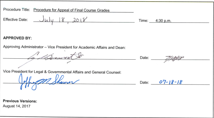 Procedure for Appeal of Final Course Grades Signature