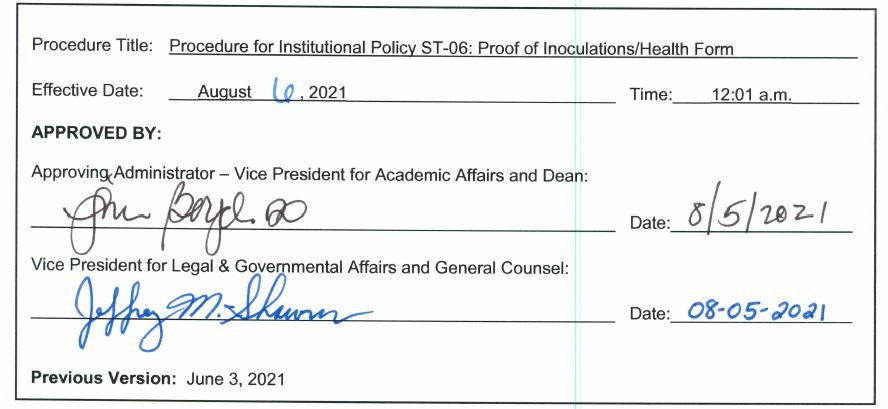 Procedure signature approval block signed by VP Academic Affairs and VP Legal and Governmental Affairs.