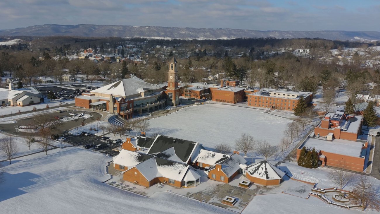 WVSOM campus overhead view winter snow