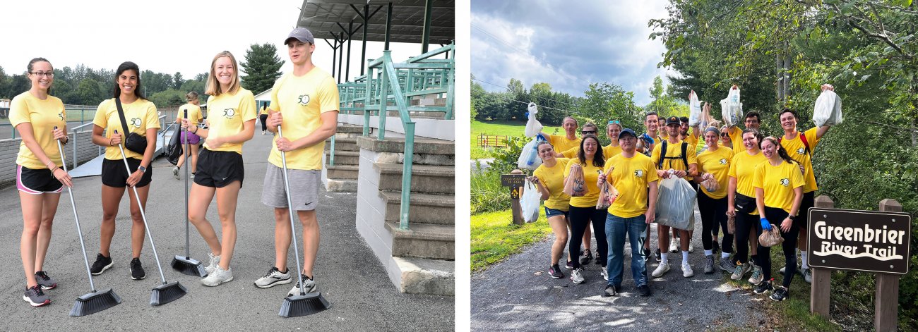 At left, four WVSOM students smile while cleaning the grounds of the State Fair of West Virginia. At right, a group of students pose while beautifying the Greenbrier River Trail.