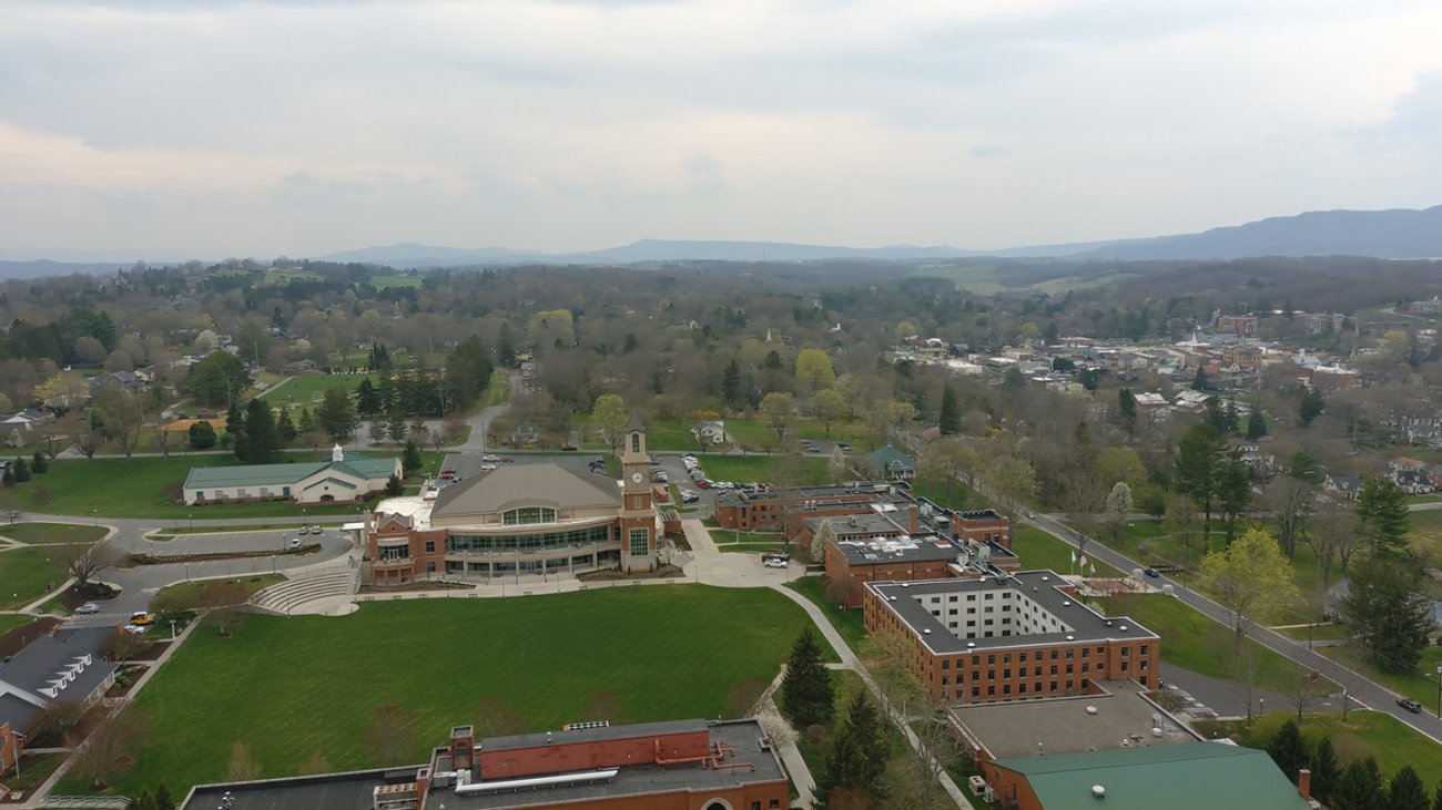 aerial view of WVSOM campus, buildings in square pattern early spring blooms and greenery