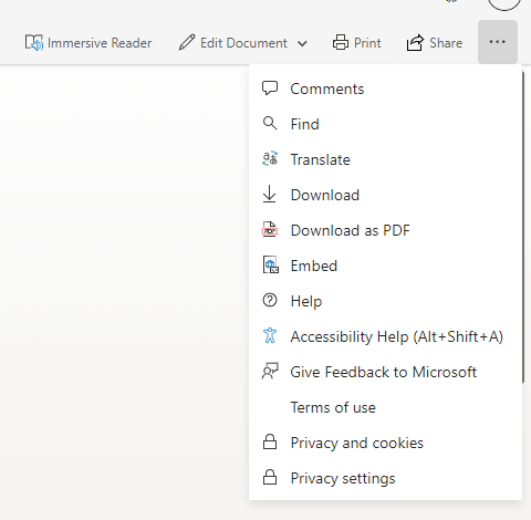 Image with example of how to access the menu to download the file, which is located in the upper right hand of the document screen as a sub menu under the ellipsis. 