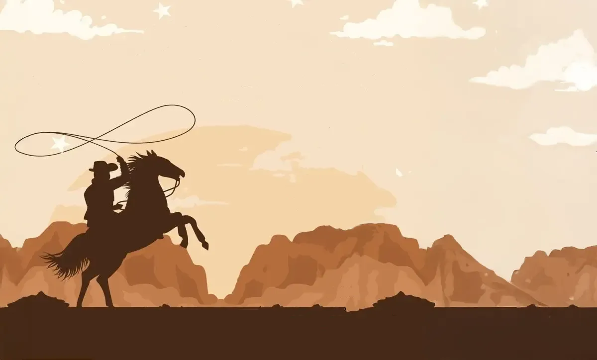 Cowboy with lasso on horse in front of western landscape background