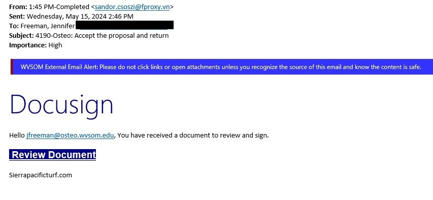 "Listed above is a fake e-mail stating you have received a new Docusign email to review and sign."