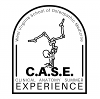 West Virginia School of Osteopathic Medicine C.A.S.E. Clinical Anatomy Summer Experience logo with skeleton doing a handstand