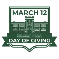 March 12 West Virginia School of Osteopathic Medicine Day of Giving. Logo with drawing of main building front.