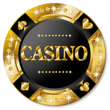 gold and black poker chip with "CASINO" typed in center