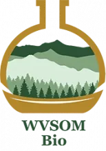 WVSOM Bio - logo with cascading mountains and evergreen trees contained inside a round bottom flask.