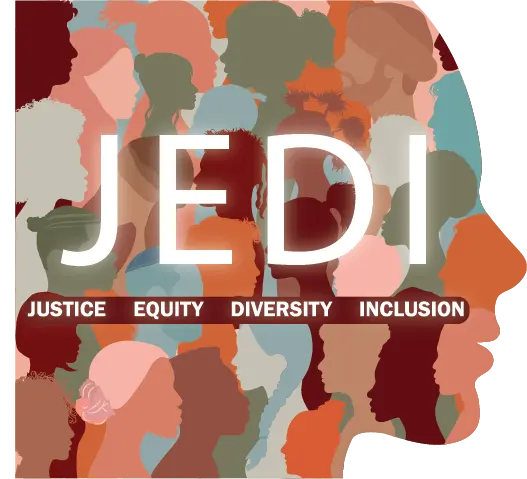 JEDI - Justice Equity Diversity Inclusion logo human silhouette filled in with various other silhouettes of different colors 