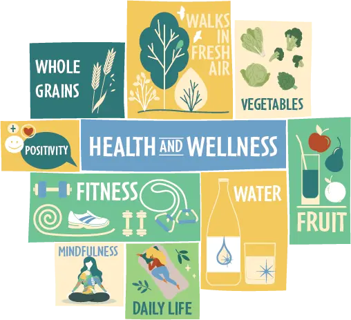 Health and Wellness logo compiled in semi-cross of multiple posters featuring - whole grains, walks in fresh air, vegetables, positivity, fruit, fitness, water, mindfulness and daily life.